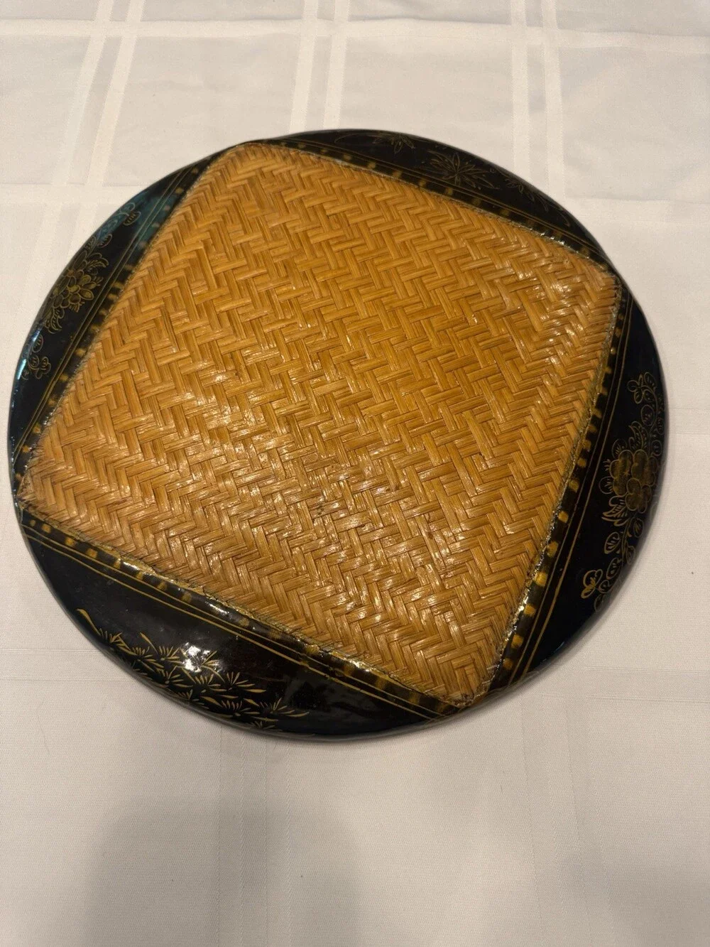 VTG Vietnam Black Lacquer Basket Woven Bamboo Lidded Box Gold Gilt Stamped